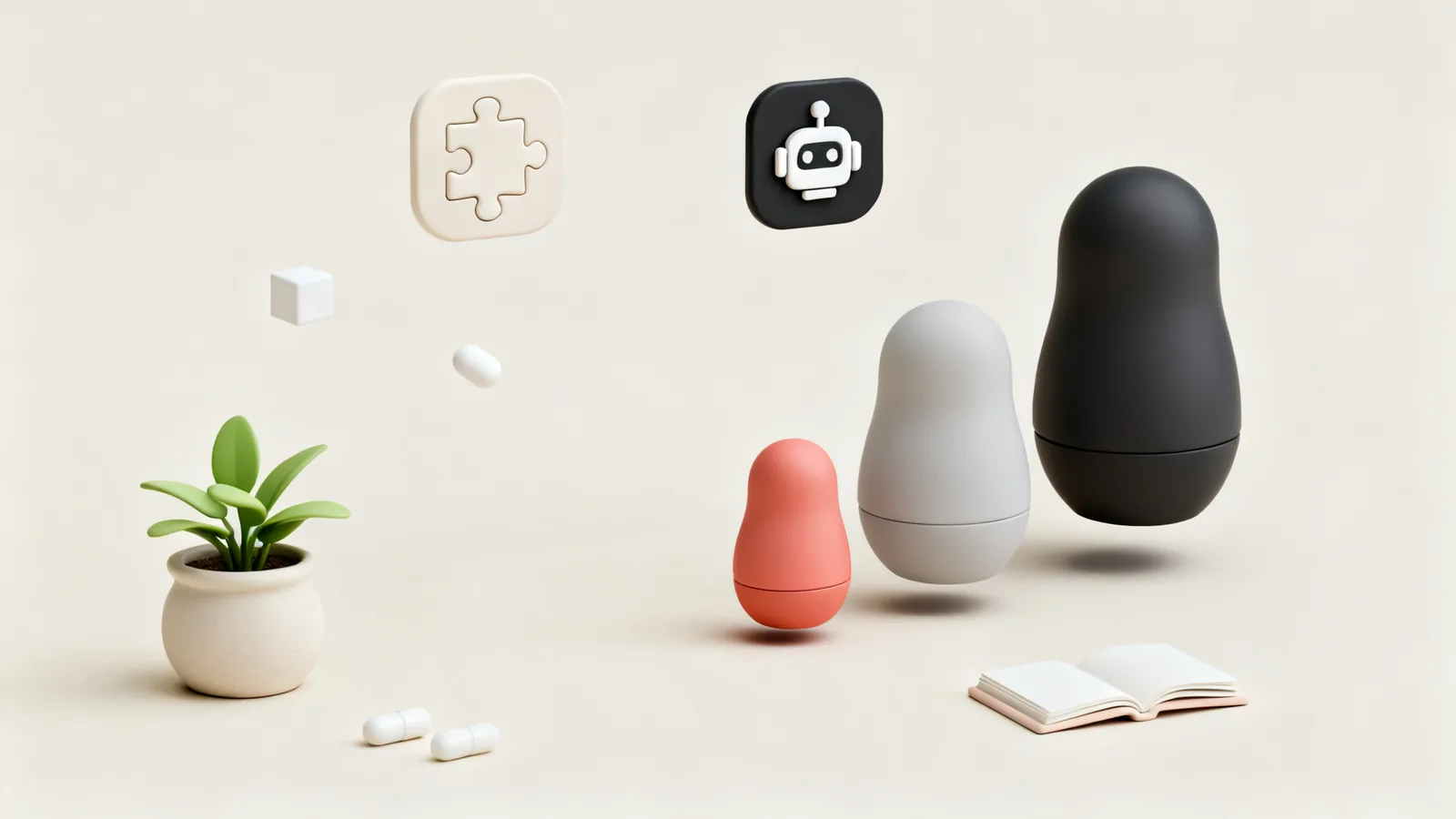 Clay illustration of three nesting dolls of decreasing size next to an open booklet