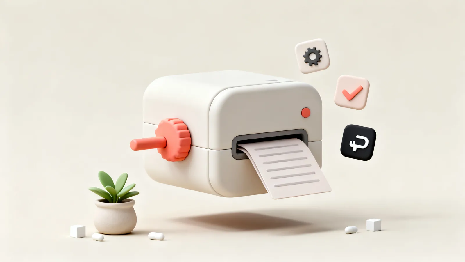 Clay illustration of a crank machine printing out a workflow card