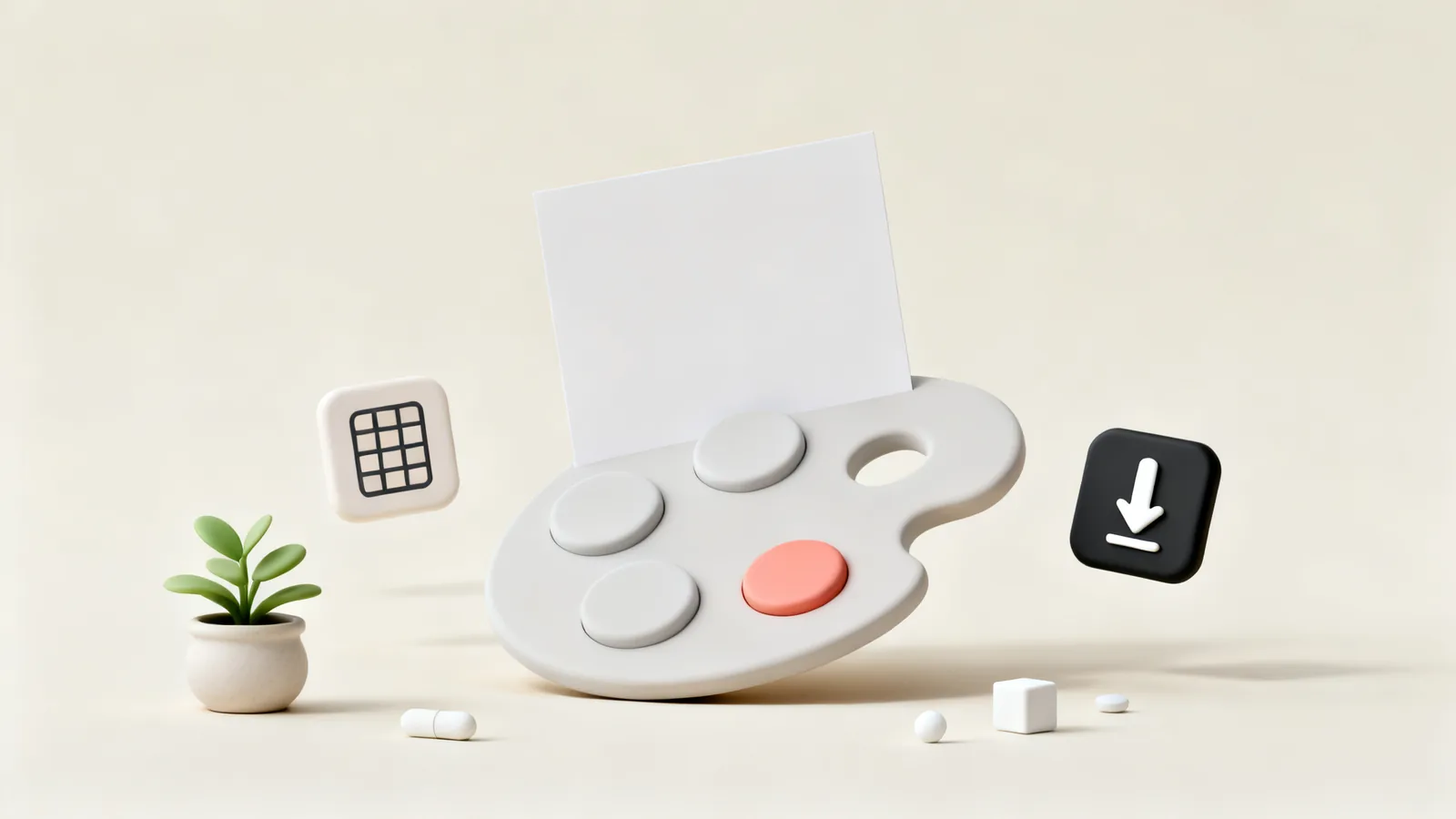 Clay illustration of a colour palette sitting in front of a blank slide