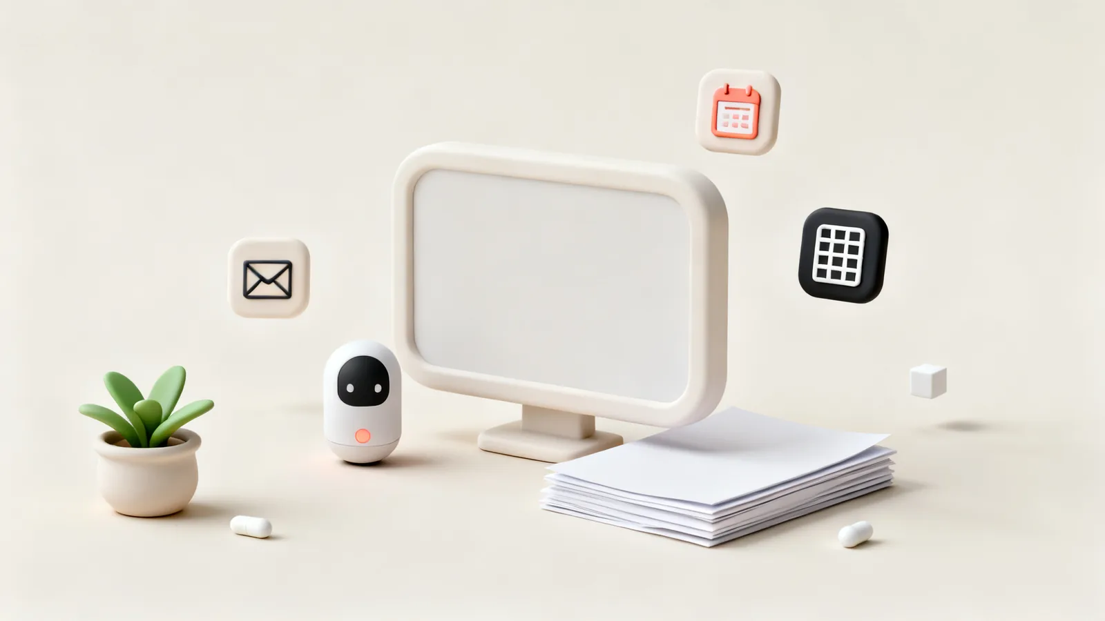 Clay illustration of a blank screen with a small assistant beside it and a stack of sheets