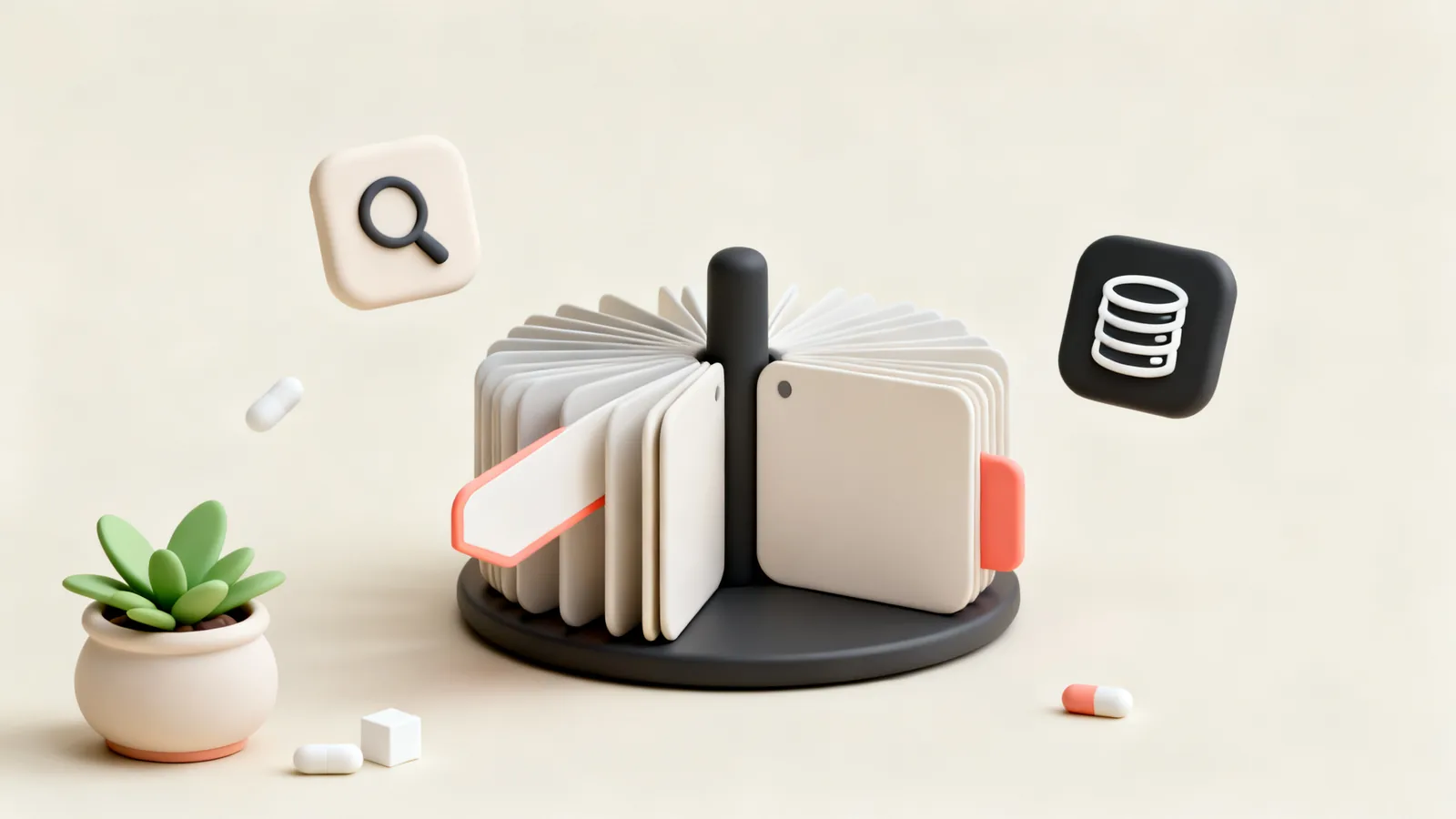Clay illustration of an index-card carousel on a base, one card pulled outward