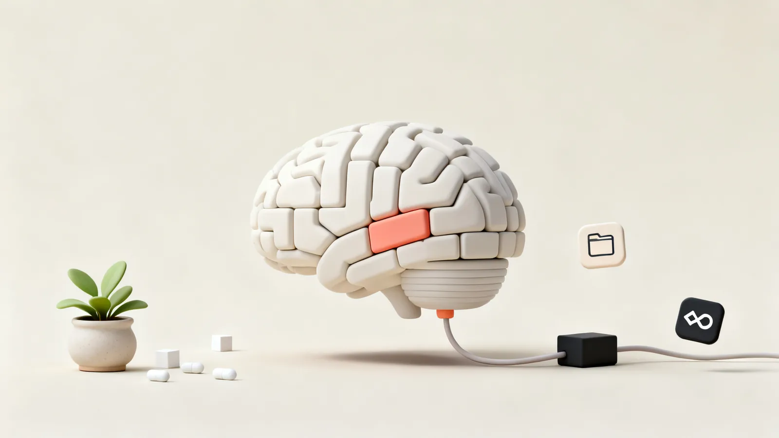Clay illustration of a brain built from stacked blocks, cabled to a small terminal