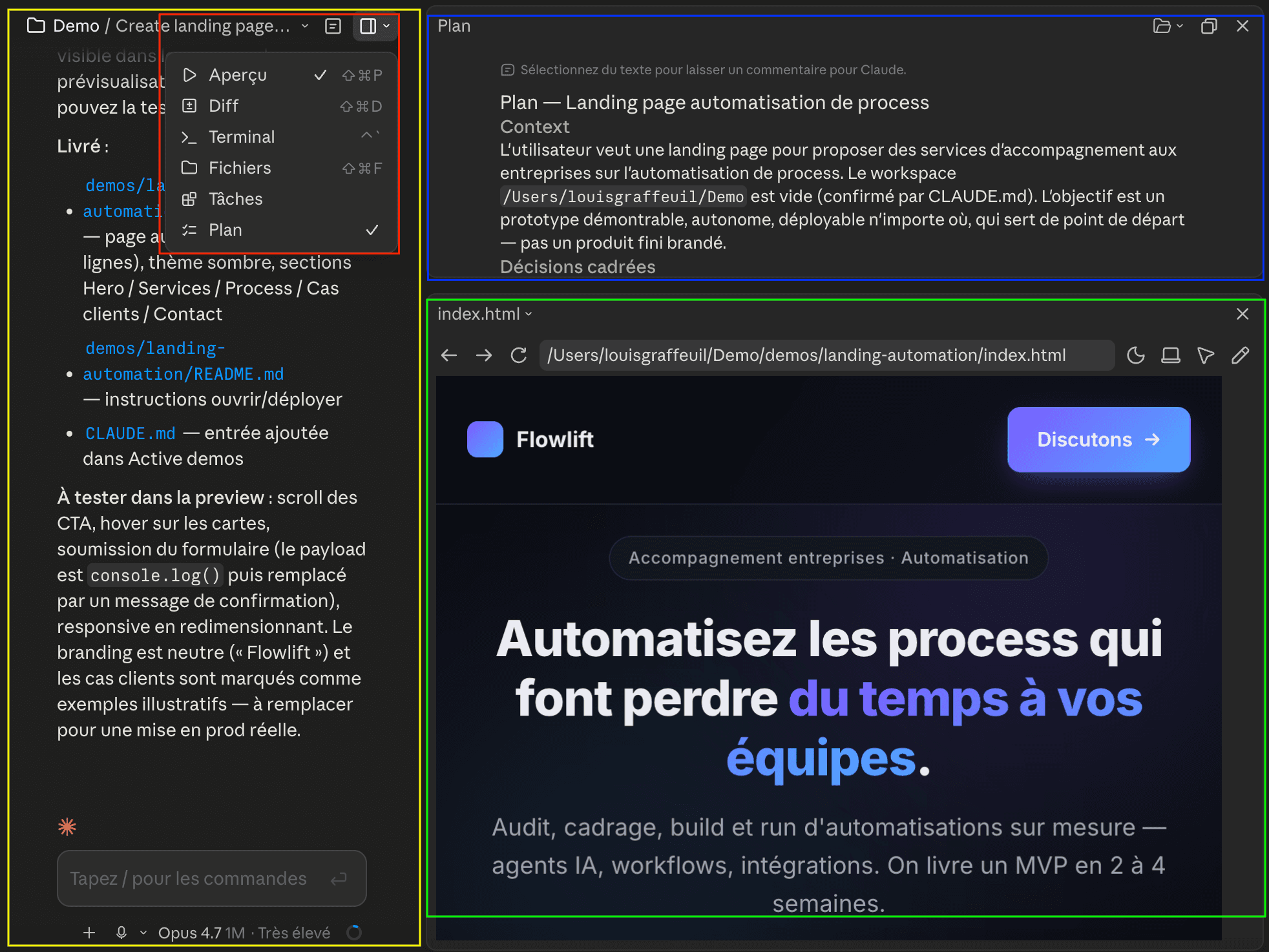 Claude Code interface showing plan mode, the conversation and the site preview